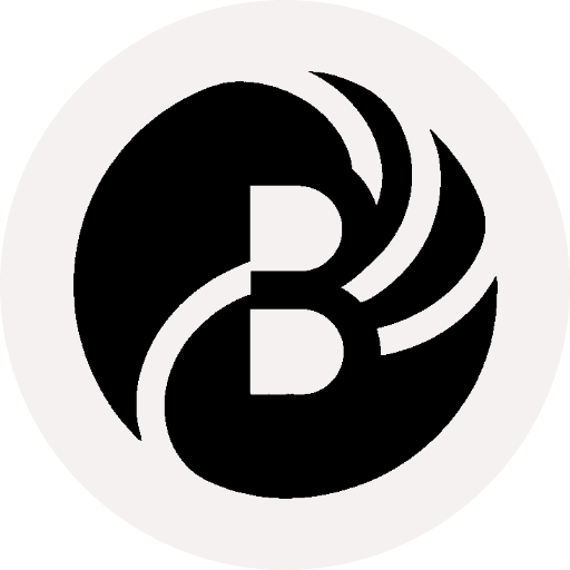 Black and white abstract logo resembling a stylized letter B with curved shapes.