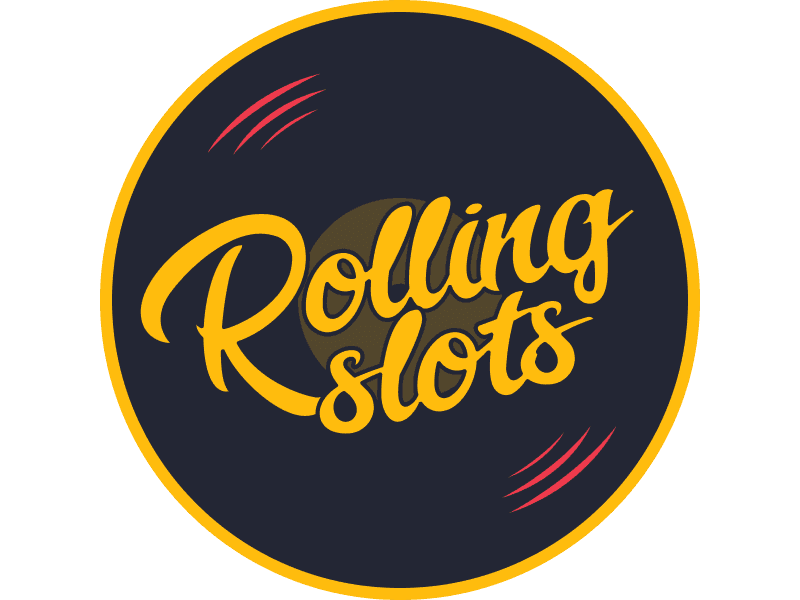 Rolling Slots logo with yellow text on a dark circular background with red accents.