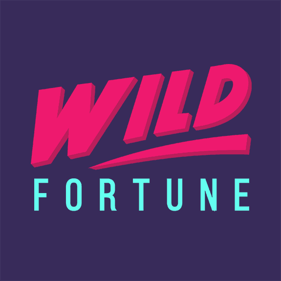 Logo with text 'Wild Fortune' in bold pink and blue letters on a dark purple background.