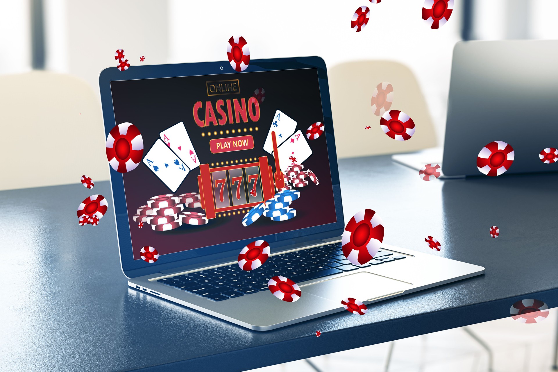 Online casino and gaming, gambling on device concept. Close up of laptop computer at desk with creative slot machine and other games. 3D Rendering.